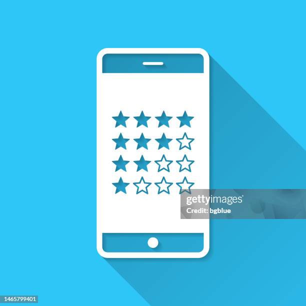 smartphone with star rating. icon on blue background - flat design with long shadow - software testing tool stock illustrations