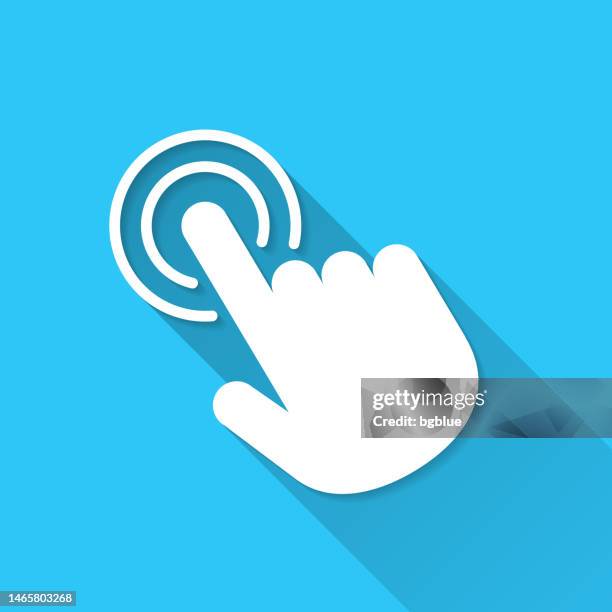 hand touch - click. icon on blue background - flat design with long shadow - hand on computer mouse stock illustrations