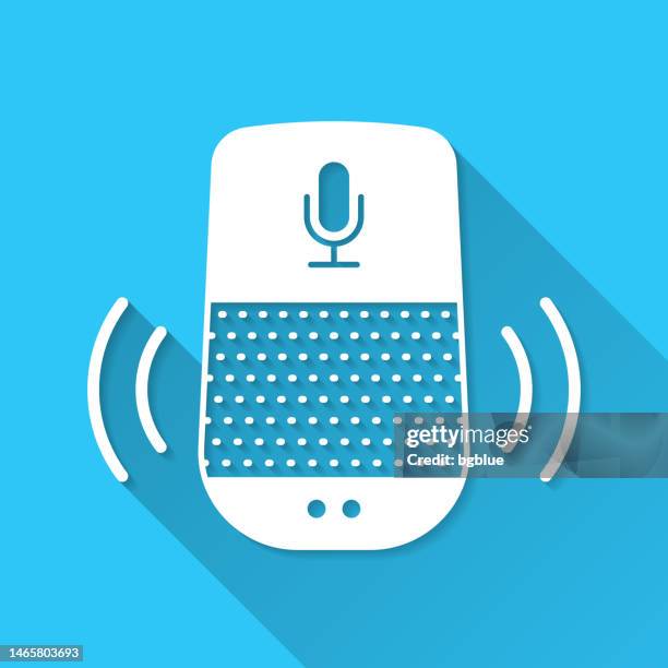voice assistant - smart speaker. icon on blue background - flat design with long shadow - using smart speaker stock illustrations