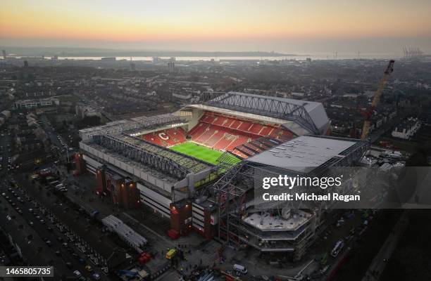 An aerial view of Anfield Stadium before the Premier League match between Liverpool FC and Everton FC at Anfield on February 13, 2023 in Liverpool,...