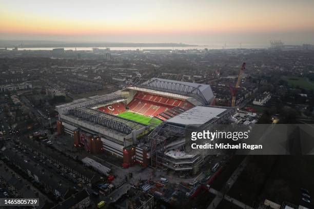 An aerial view of Anfield Stadium before the Premier League match between Liverpool FC and Everton FC at Anfield on February 13, 2023 in Liverpool,...