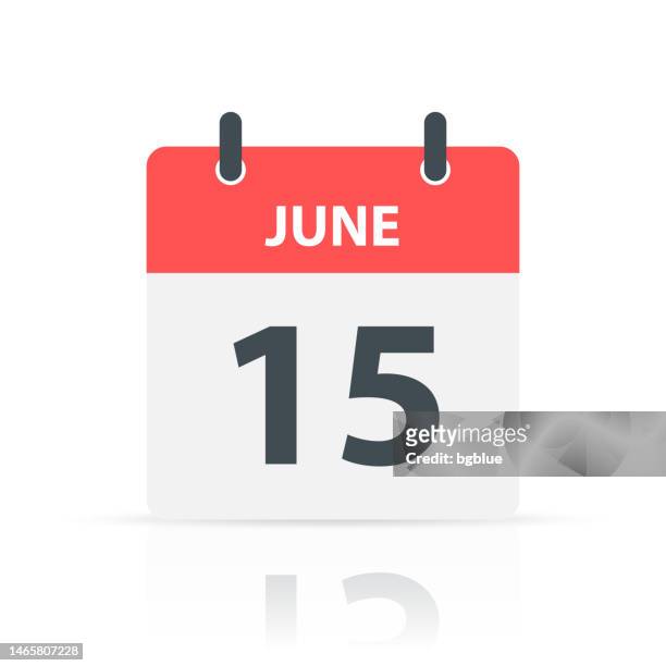 june 15 - daily calendar icon with reflection on white background - june 15 stock illustrations
