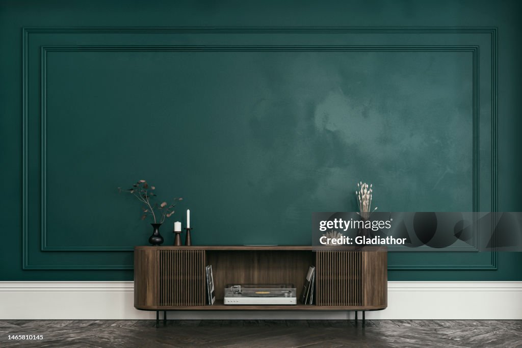 Classic elegant interior - a front and large view of an entrance hall with a french style antique wall background, low cabinet, decoration, and copy space