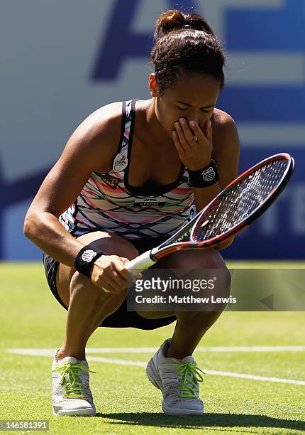 Heather Watson of Great Britain looks on during her match against Luci Safarova of the Czech Republic during day five of the AEGON International on...