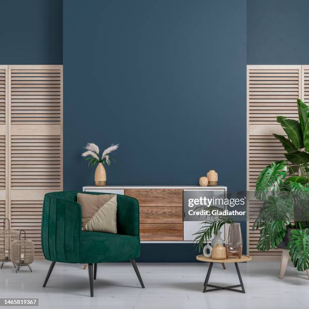 cozy retro-chic interior with an art deco armchair, cabinet and potted plants, 50s- 60s decoration - side table stock pictures, royalty-free photos & images