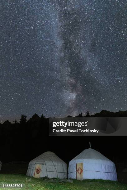 yurt camp in the famous altyn-arashan valley in tien shan mountains near karakol, kyrgyzstan, 2019 - yurt stock pictures, royalty-free photos & images