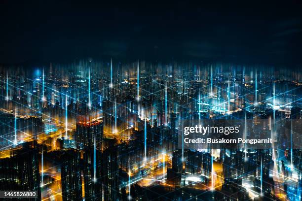 technology smart city with network communication internet of thing. internet concept of global business - power grid stock-fotos und bilder