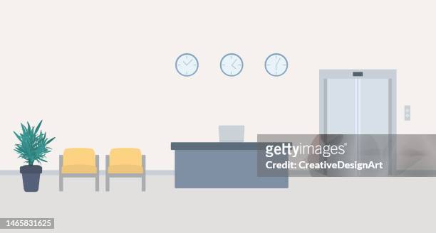 empty waiting room in the hospital or in the office with reception desk, armchairs and elevator - conference hotel stock illustrations