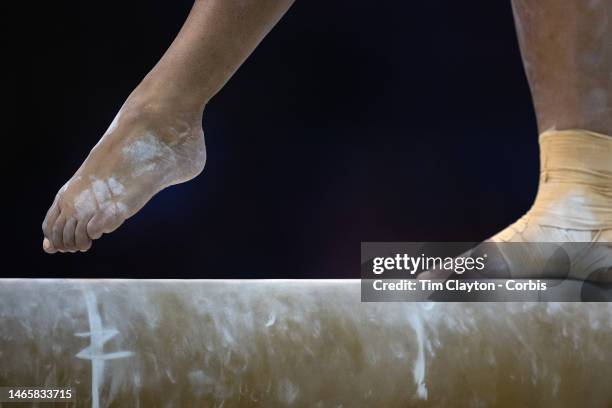 October 30: Gymnasts' feet on the Balance beam during Women's qualifications at the World Gymnastics Championships-Liverpool 2022 at M&S Bank Arena...