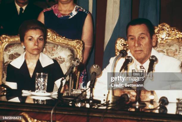 President Juan Peron of Argentina and his wife, Vice President Isabel de Peron, attending a press conference in Buenos Aires in February 1974.