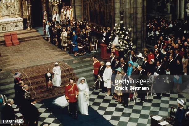 Princess Anne and Captain Mark Phillips leave the altar following their wedding ceremony at Westminster Abbey in London on November 14th, 1973.