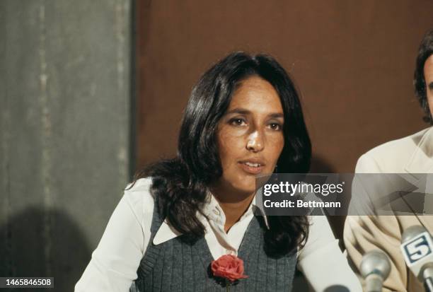 American singer-songwriter Joan Baez speaking at a press conference in San Francisco, California, on July 18th, 1973.