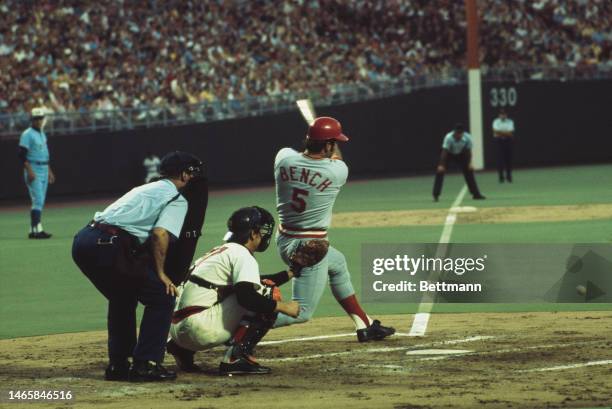 Baseball player Johnny Bench of the Cincinnati Reds batting and scoring during an All-Star game in Kansas City, Missouri, on July 24th, 1973.