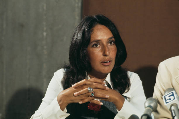 American singer-songwriter Joan Baez speaking at a press conference in San Francisco, California, on July 18th, 1973.