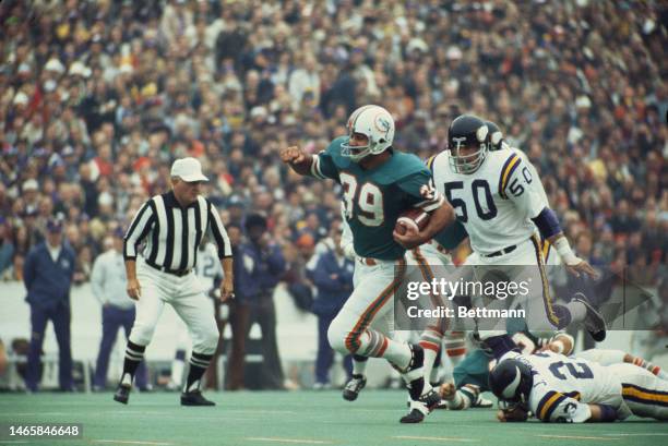 American football player Larry Csonka of the Miami Dolphins during first quarter action in the Super Bowl in Houston, Texas, on January 13th, 1974....