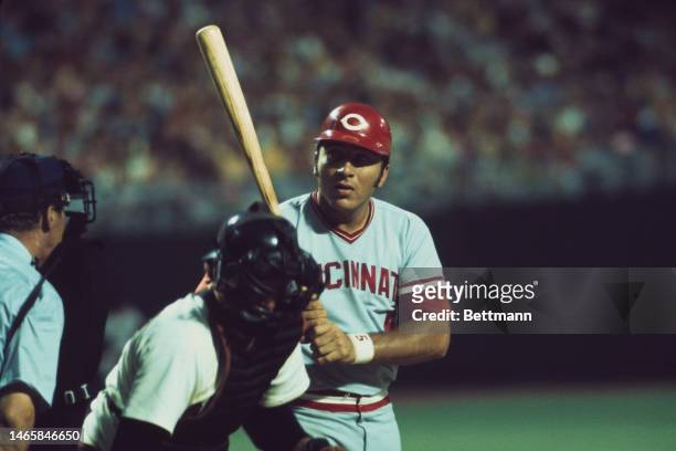 Baseball player Johnny Bench of the Cincinnati Reds batting and scoring during an All-Star game in Kansas City, Missouri, on July 24th, 1973.