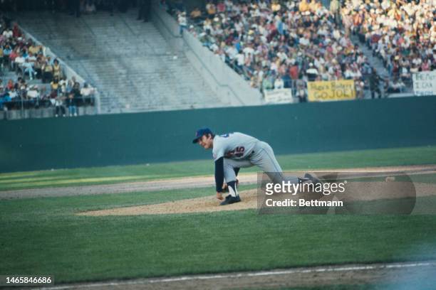 Frank 'Tug' McGraw of the New York Mets pitching against the Oakland Athletics in the World Series in Oakland, California, in October 1973.