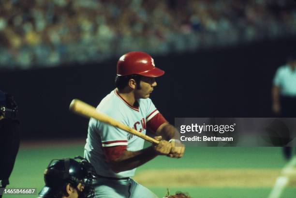 Baseball player Johnny Bench of the Cincinnati Reds batting and scoring during an All-Star game in Kansas City, Missouri, on July 24th, 1973.