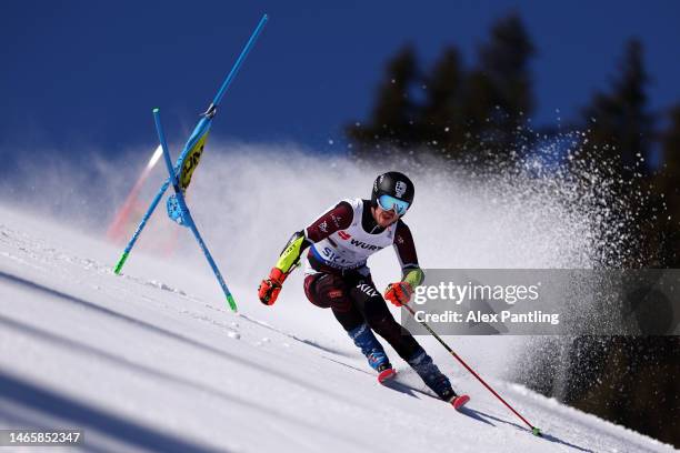 Zaks Gedra of Latvia competes in Mixed Team Parallel Slalom at the FIS Alpine World Ski Championships on February 14, 2023 in Meribel, France.