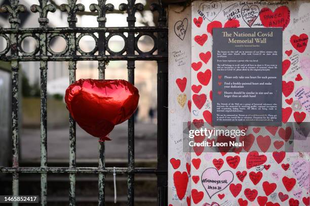 Heart-shaped balloon is seen on a gate near to the artwork and personal messages for those who died during the Covid-19 pandemic on the National...