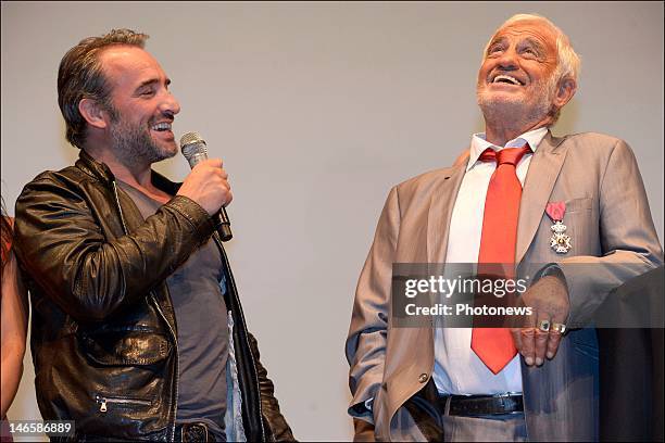 Legendary French actor Jean-Paul Belmondo with French actor Jean Dujardin while receiving the Order of King Leopold for his Life Achievement on June...