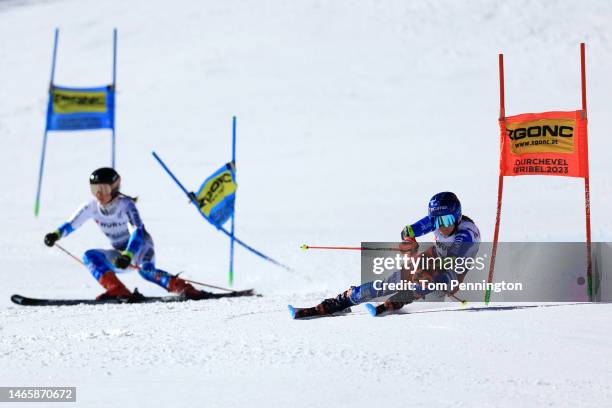 Clara Direz of France and Petra Hromcova of Slovakia compete in Mixed Team Parallel Slalom at the FIS Alpine World Ski Championships on February 14,...