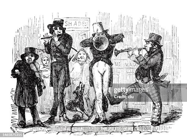 a street music group performs, 4 men standing, full length - busker stock illustrations