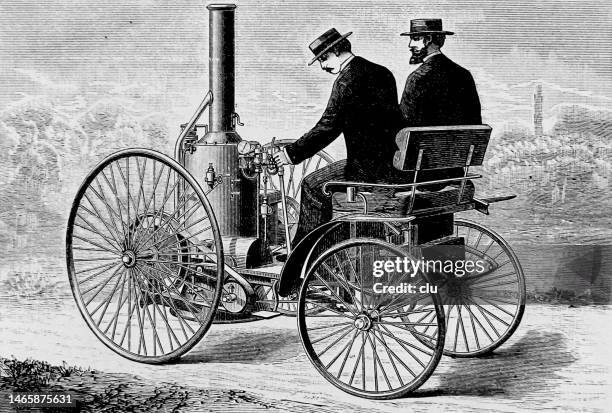 two men driving a steam engine car, two seats - steamed stock illustrations