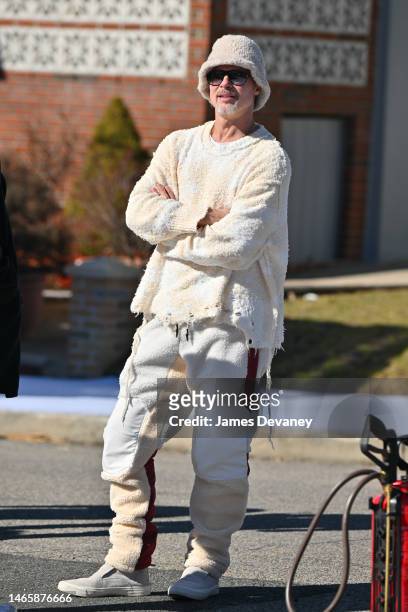 Brad Pitt is seen on the set of "Wolves" in Old Howard Beach on February 13, 2023 in New York City.