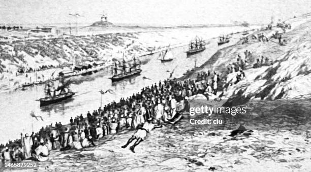 inauguration of the suez canal 1869 - canal do suez stock illustrations