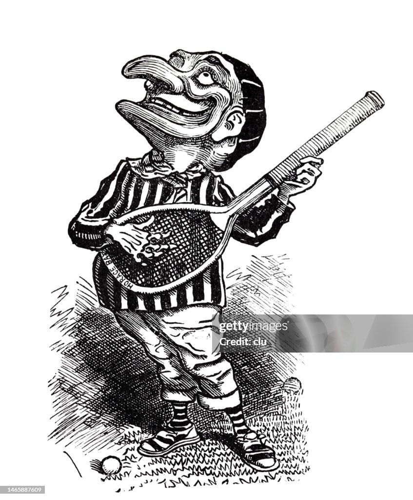 A man plays air guitar on his tennis racket looking happily up, cut out on white background