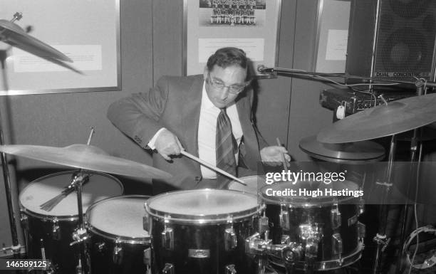 Chelsea Director Martin Spencer plays the drums during the Chelsea Staff Christmas Party held in December 1979 at Stamford Bridge, in London.