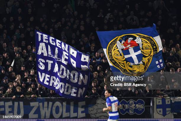 Fans of PEC Zwolle with a flag against stadium regulations during the Dutch Keukenkampioendivisie match between PEC Zwolle and Jong AZ at MAC3PARK...