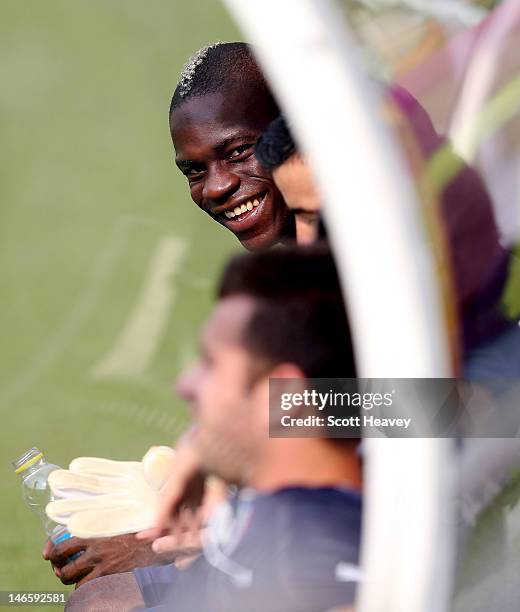 Mario Balotelli during a training session ahead of their UEFA EURO 2012 quarter-final against England at Marshal Józef Pilsudski Stadium on June 20,...