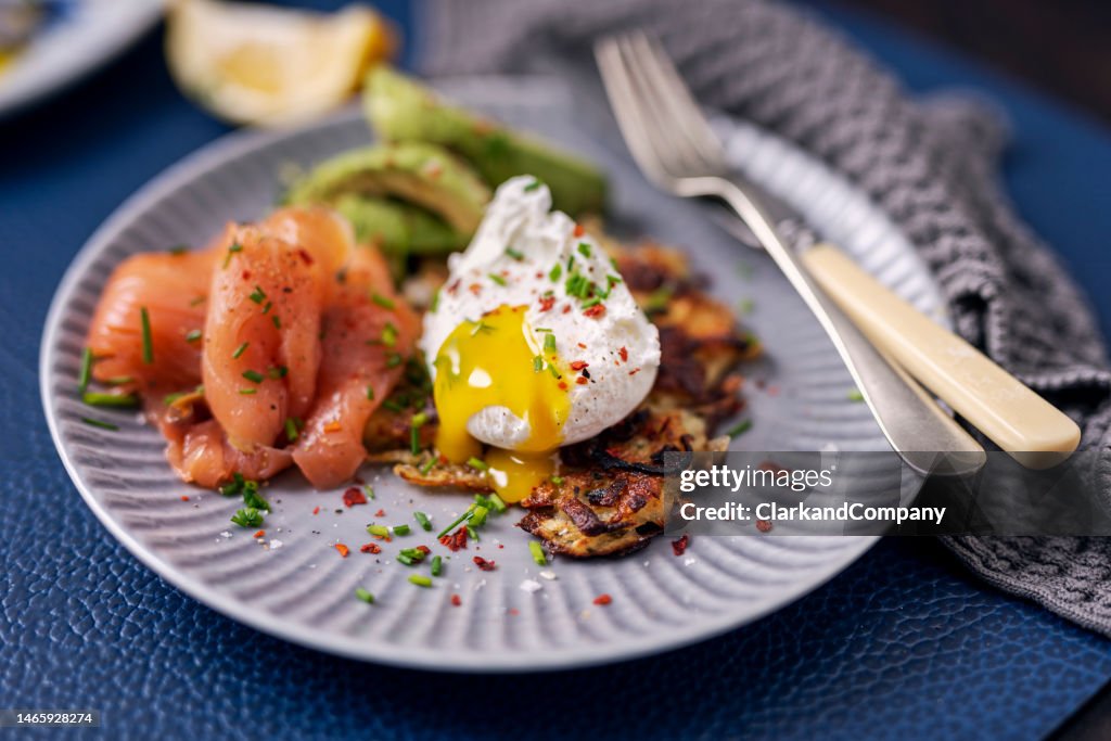 Latke With Poached Egg and Smoked Salmon