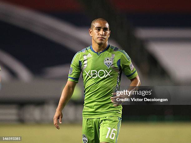 David Estrada of the Seattle Sounders looks on during the MLS match against Chivas USA at The Home Depot Center on May 26, 2012 in Carson,...