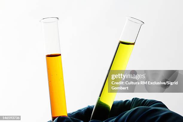 scientist holding test tubes with liquid - reagenzglas freisteller stock-fotos und bilder