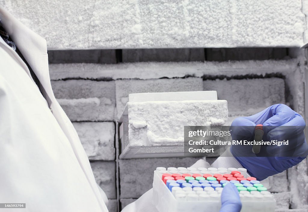 Scientist holding rack of test tubes