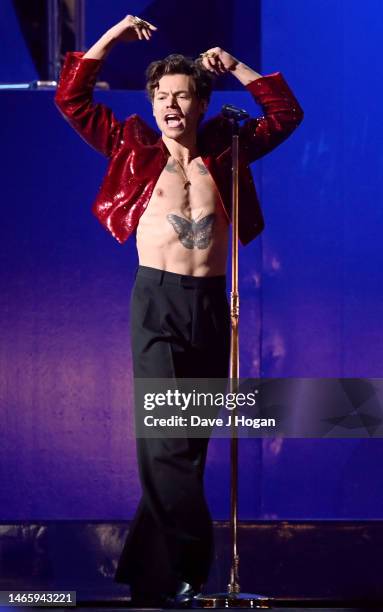 Harry Styles performs on stage during The BRIT Awards 2023 at The O2 Arena on February 11, 2023 in London, England.