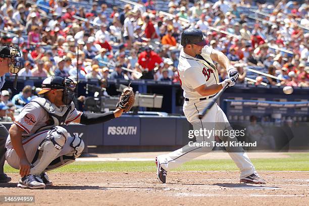 Dan Uggla of the Atlanta Braves bats during the interleague game against the Balitmore Orioles at Turner Field on June 17, 2012 in Atlanta, Georgia....