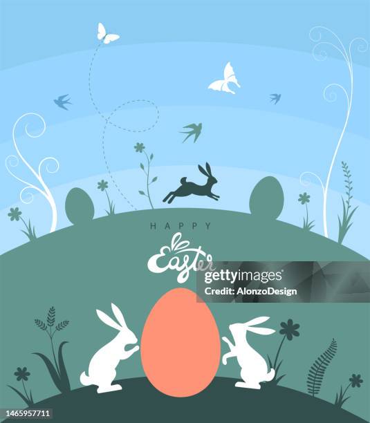 ostereiersuche. osterhase karte. - ostereier wiese stock-grafiken, -clipart, -cartoons und -symbole