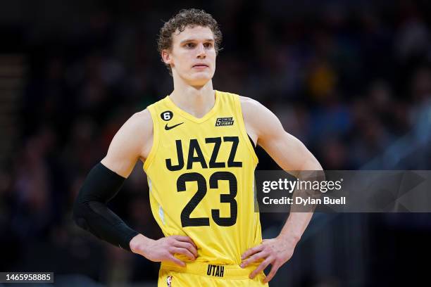 Lauri Markkanen of the Utah Jazz looks on in the fourth quarter against the Indiana Pacers at Gainbridge Fieldhouse on February 13, 2023 in...