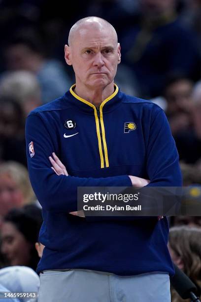 Head coach Rick Carlisle of the Indiana Pacers looks on in the second quarter against the Utah Jazz at Gainbridge Fieldhouse on February 13, 2023 in...