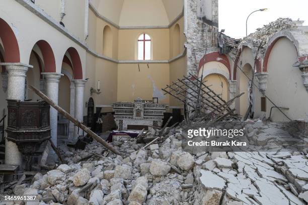 View of the damaged Roman Catholic Church of Annunciation, in the aftermath of a deadly earthquake on February 14, 2023 in Iskenderun, Turkey. A...