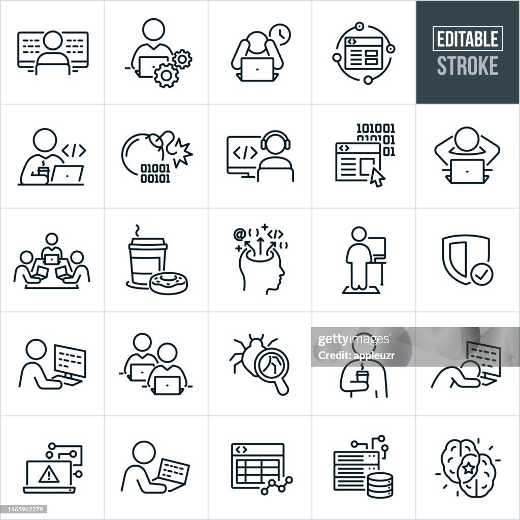 Softwareentwickler Thin Line Icons - Editable Stroke - Icons umfassen Softwareentwicklung, Computerprogrammierer, Programmierer, Programmierer, Webentwicklung