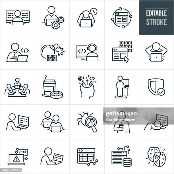 software developer thin line icons - editable stroke - icons include software development, computer programer, coding, coders, web development - software engineering icon stock illustrations