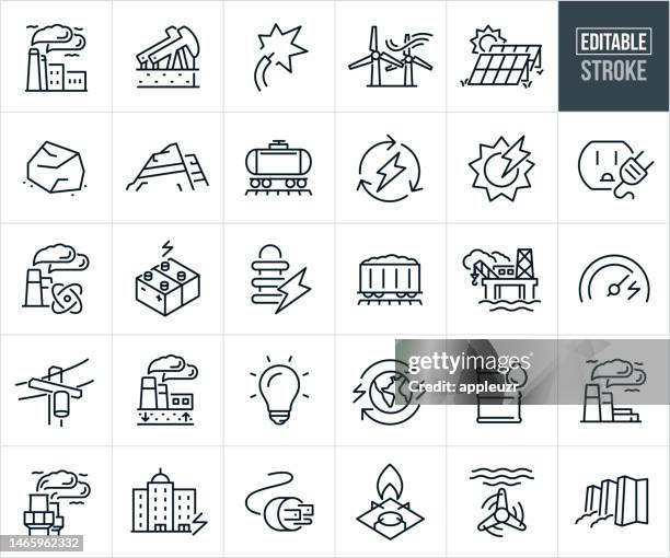 fuel and power generation thin line icons - editable stroke - icons include a power station, electricity, wind energy, solar panel, coal, fossil fuel, oil, geothermal station, nuclear power station - natural gas field stock illustrations