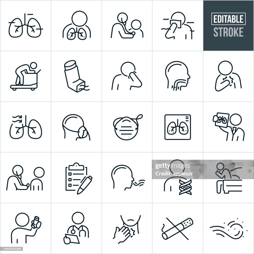 Asthma Thin Line Icons - Editable Stroke - Icons Include Human Lungs, Air Pollution, Exhaustion, Inhaler, Coughing, Chest Tightness, Symptoms, Asthma Triggers