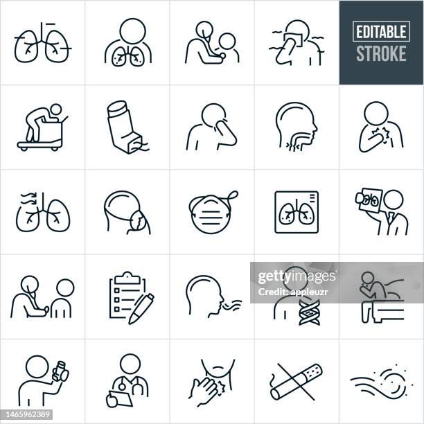 asthma thin line icons - editable stroke - icons include human lungs, air pollution, exhaustion, inhaler, coughing, chest tightness, symptoms, asthma triggers - chronic illness stock illustrations