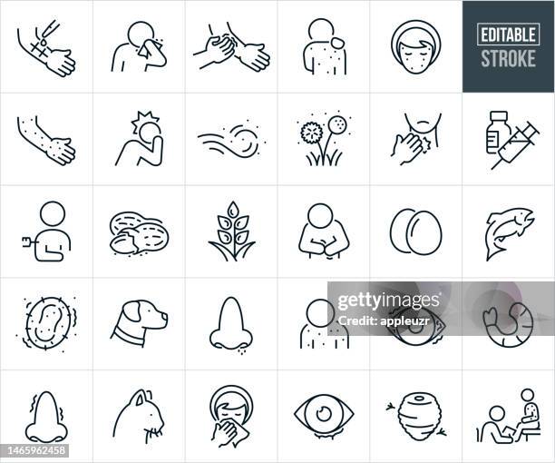 ilustrações, clipart, desenhos animados e ícones de alergias ícones de linha fina - acidente vascular cerebral editável - ícones incluem alergia alimentar, alergia sazonal, coceira, espirros, congestão, animais de estimação, pólen, alérgenos, sintomas de alergia - alergia